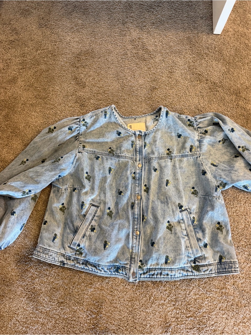 Pilcro Collarless Embroidered Denim Swing Jacket - Picture 2 of 3